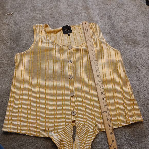W5 Size Medium M Golden Rod Yellow White Stripes Wooden Button Tie Summer Top - Picture 3 of 9